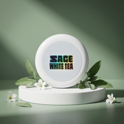 Round white product with 'SAGE WHITE TEA' text on a green background