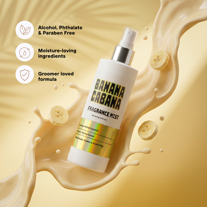 Banana Cabana Fragrance Mist bottle with banana slices and product features on a yellow background