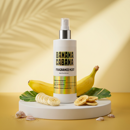 Banana Cabana fragrance mist bottle with bananas and leaves on a yellow background