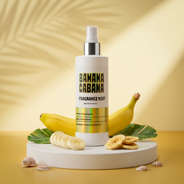 Banana Cabana fragrance mist bottle with bananas and leaves on a yellow background