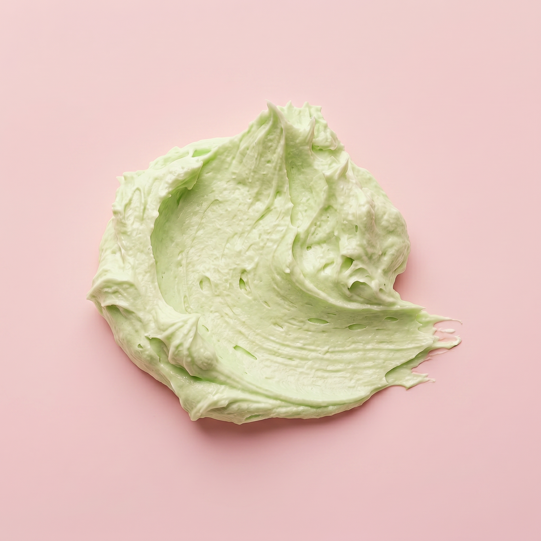 swatch of pale green facial fluff dog face cleanser on pink surface