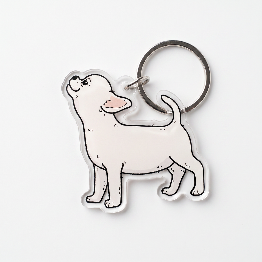 an acrylic dog keychain of a chihuahua sniffing the air