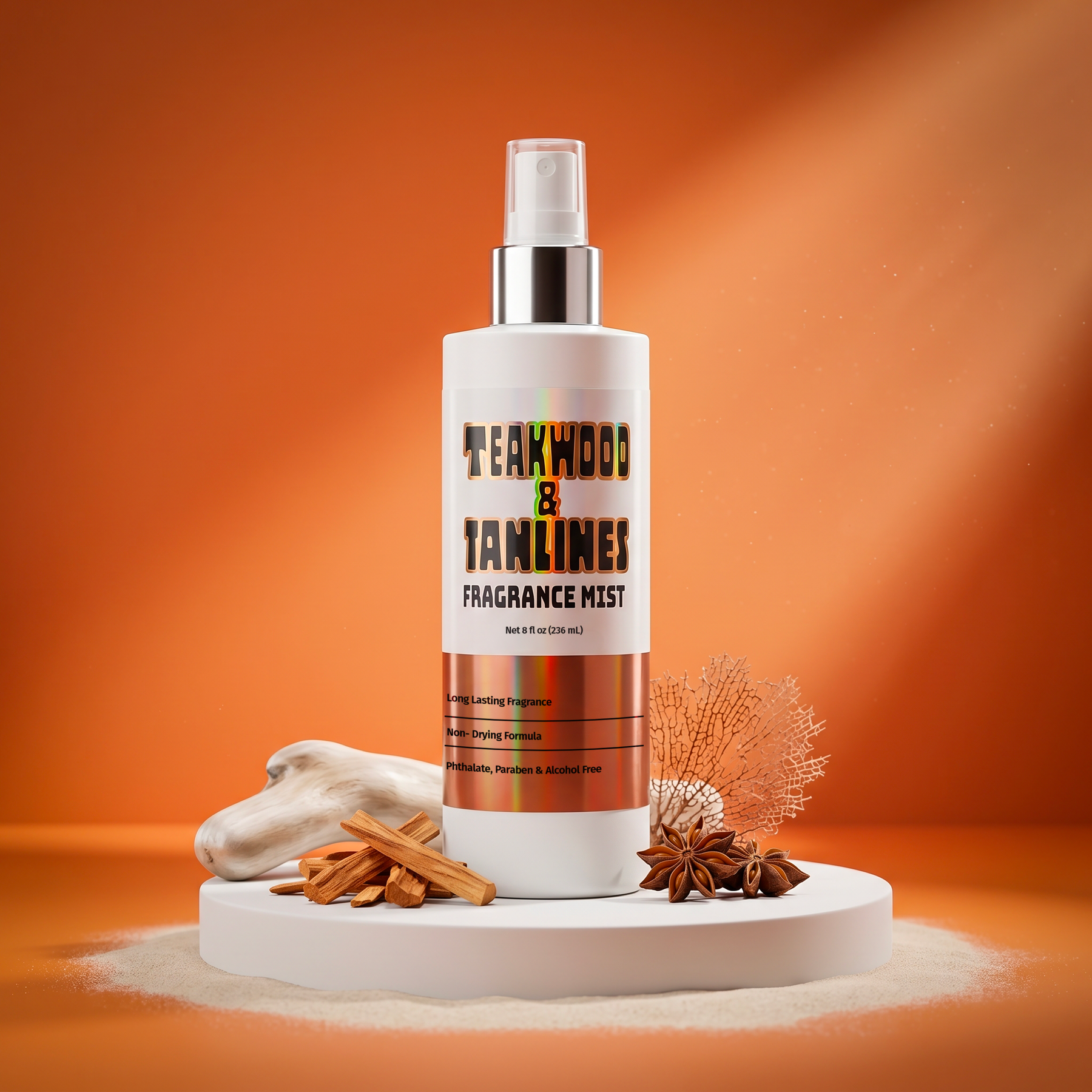Fragrance mist bottle labeled 'Teakwood & Tanaline' on an orange background