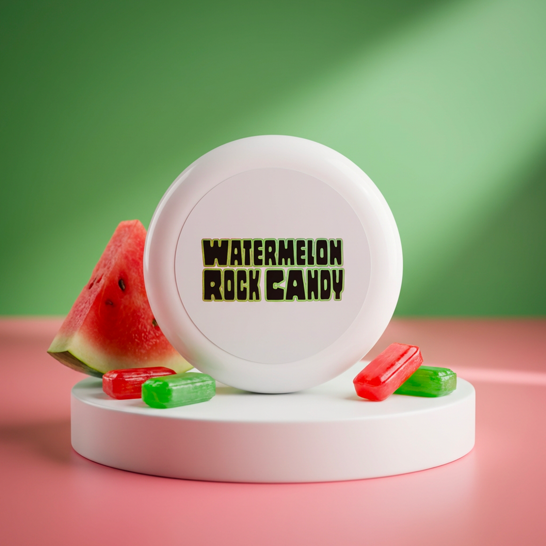 a jar of watermelon rock candy facial fluff next to a slice of watermelon and several red and green jolly rancher candies with a pink and green backdrop