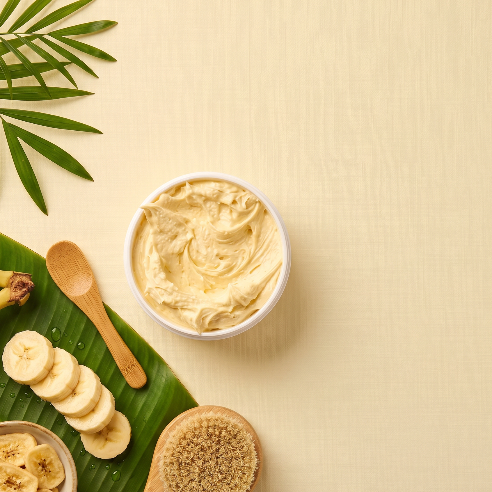 Banana-based product with bananas, a leaf, and wooden spoons on a beige background