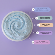 Blue swirling cream in a white jar with text on a purple background