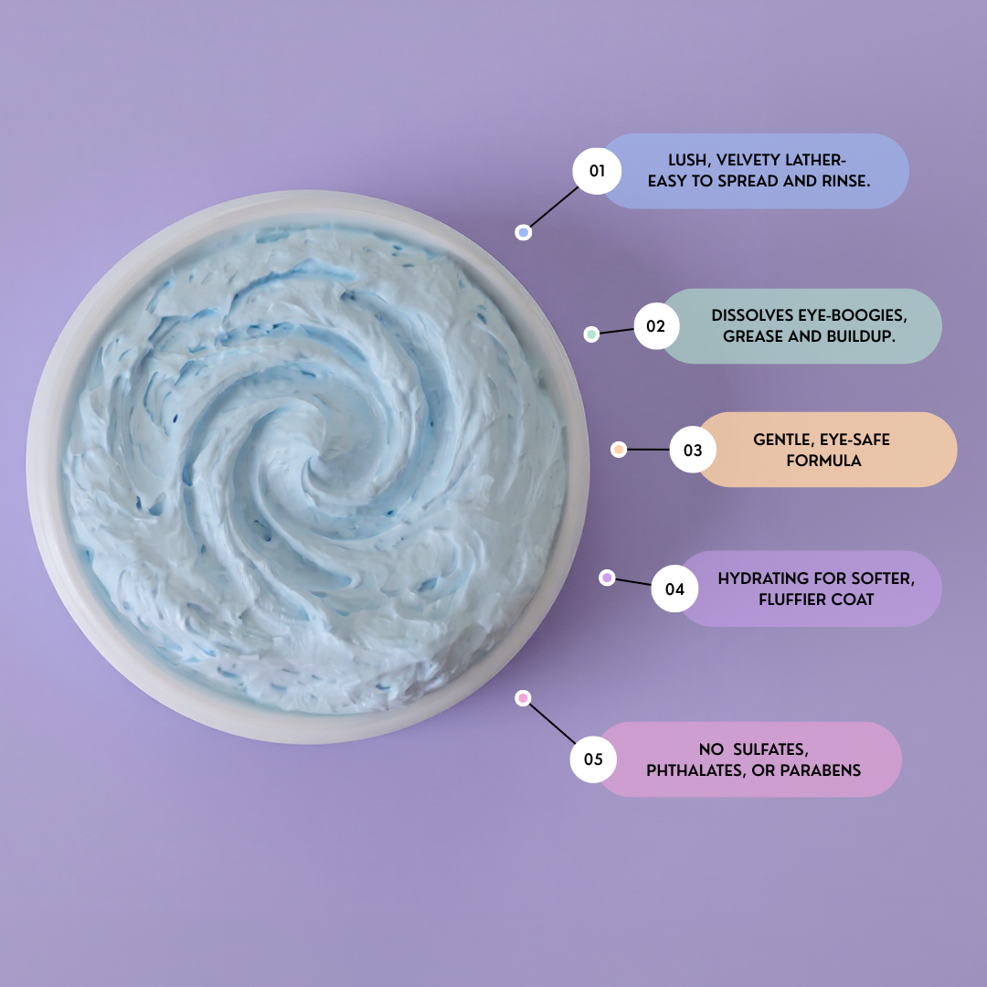 Blue swirling cream in a white jar with text on a purple background