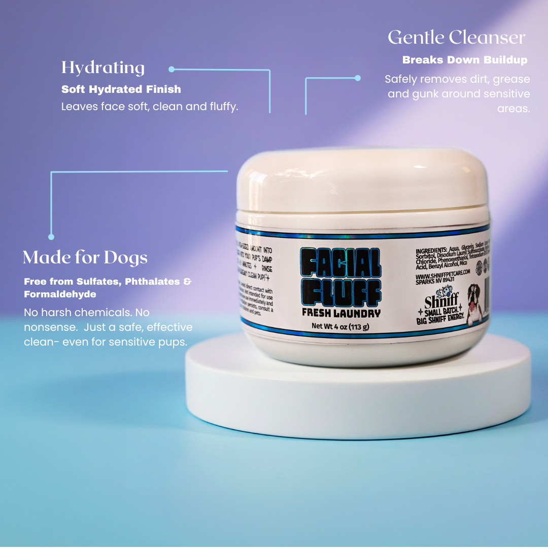 Facial fluff Fresh Laundry dog grooming product on a blue background with text about its benefits.