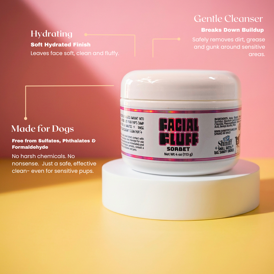 Facial Fluff sorbet jar with product features on a pink and yellow background