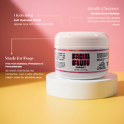 Facial Fluff sorbet jar with product features on a pink and yellow background