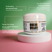 Facial Fluff dog grooming product on a pink and green background